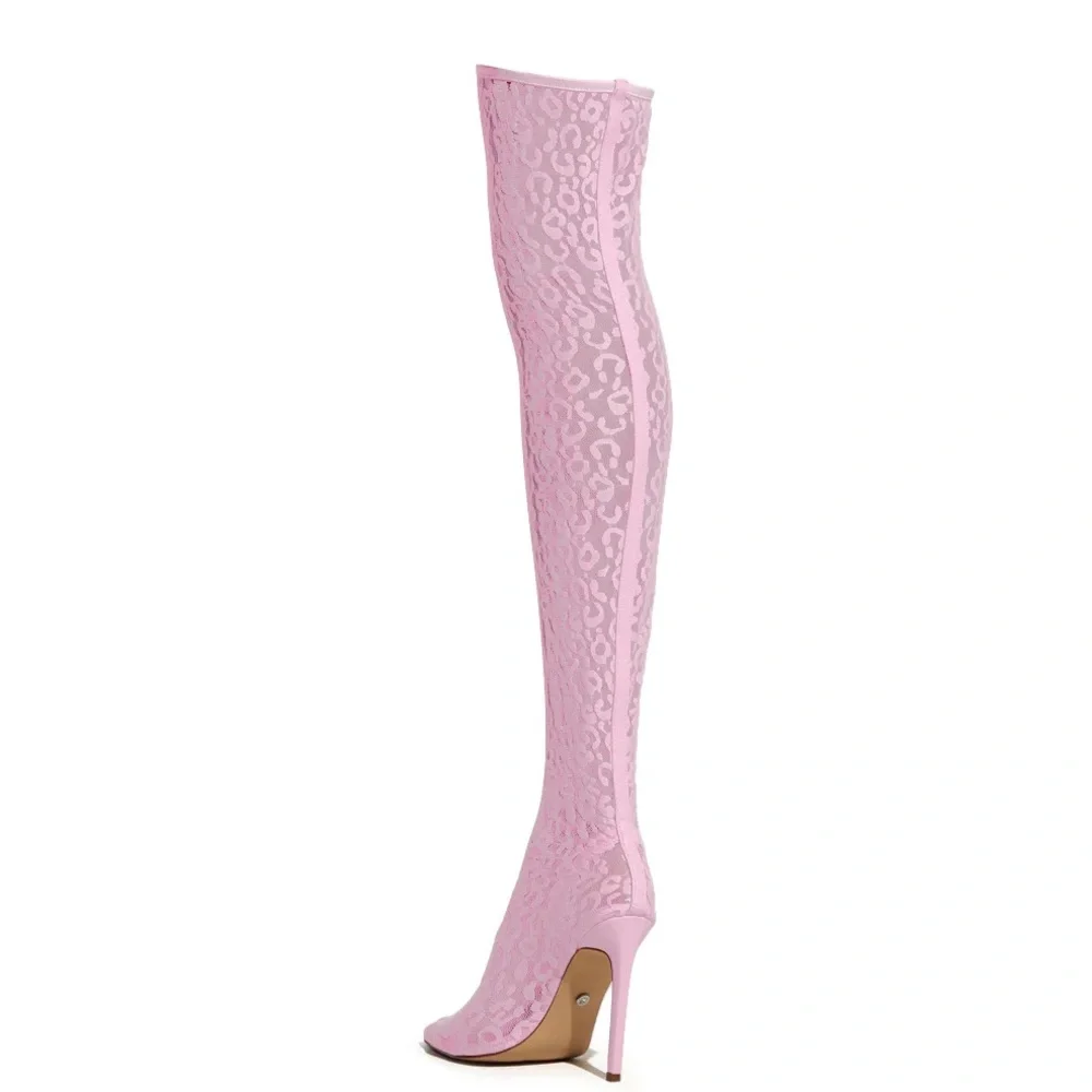 AZALEA WANG Pink Leopard Animal Print Lace Thigh High Boots